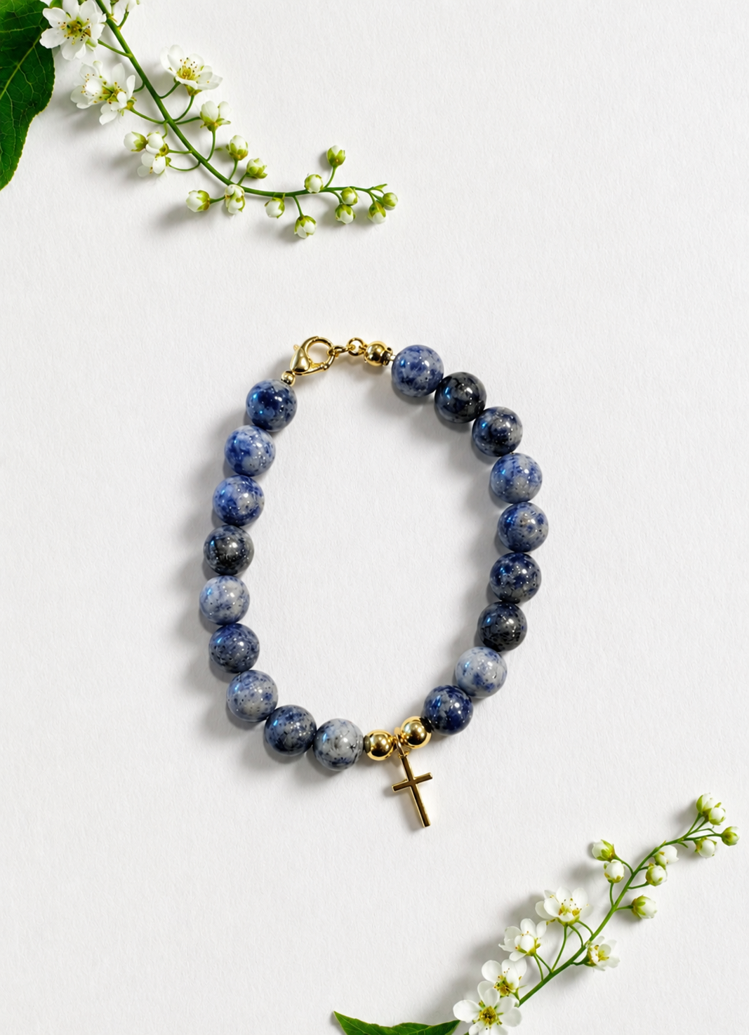 A beaded bracelet made of polished blue and white stones with a small gold cross charm and gold clasp, arranged on a white background with small white flowers. Blue beaded bracelet with a gold cross, handmade and made to order